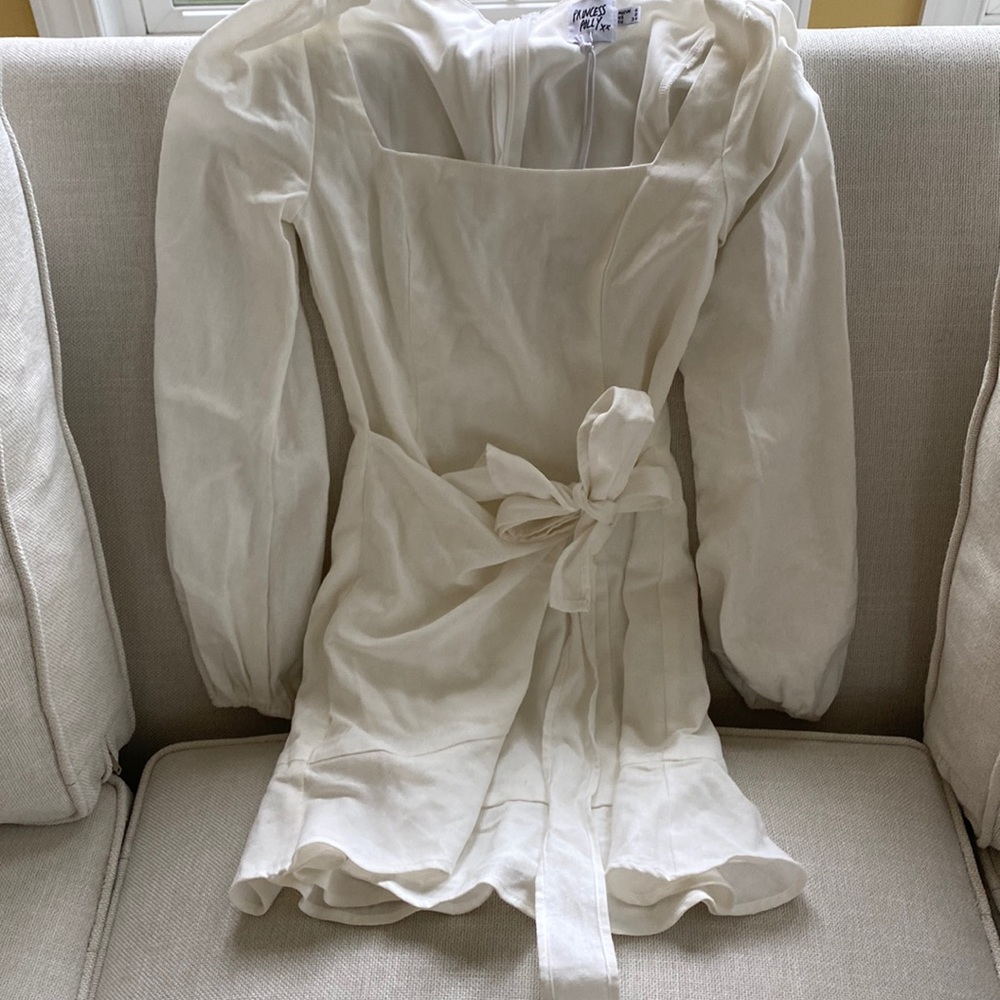 Princess Polly size 2 white mini dress, long sleeves, wrap style, fully lined